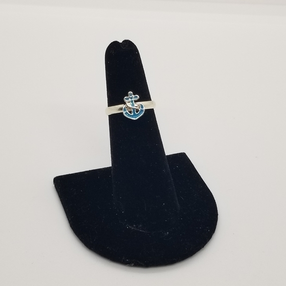 adjustable silver tone toe or pinky ring with blue anchor - Picture 1 of 4